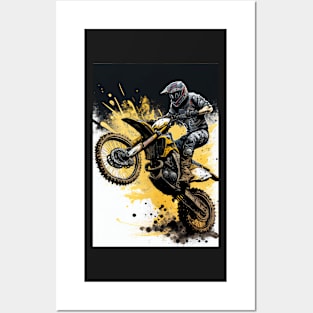 Dirt bike wheelie - yellow splash white background Posters and Art